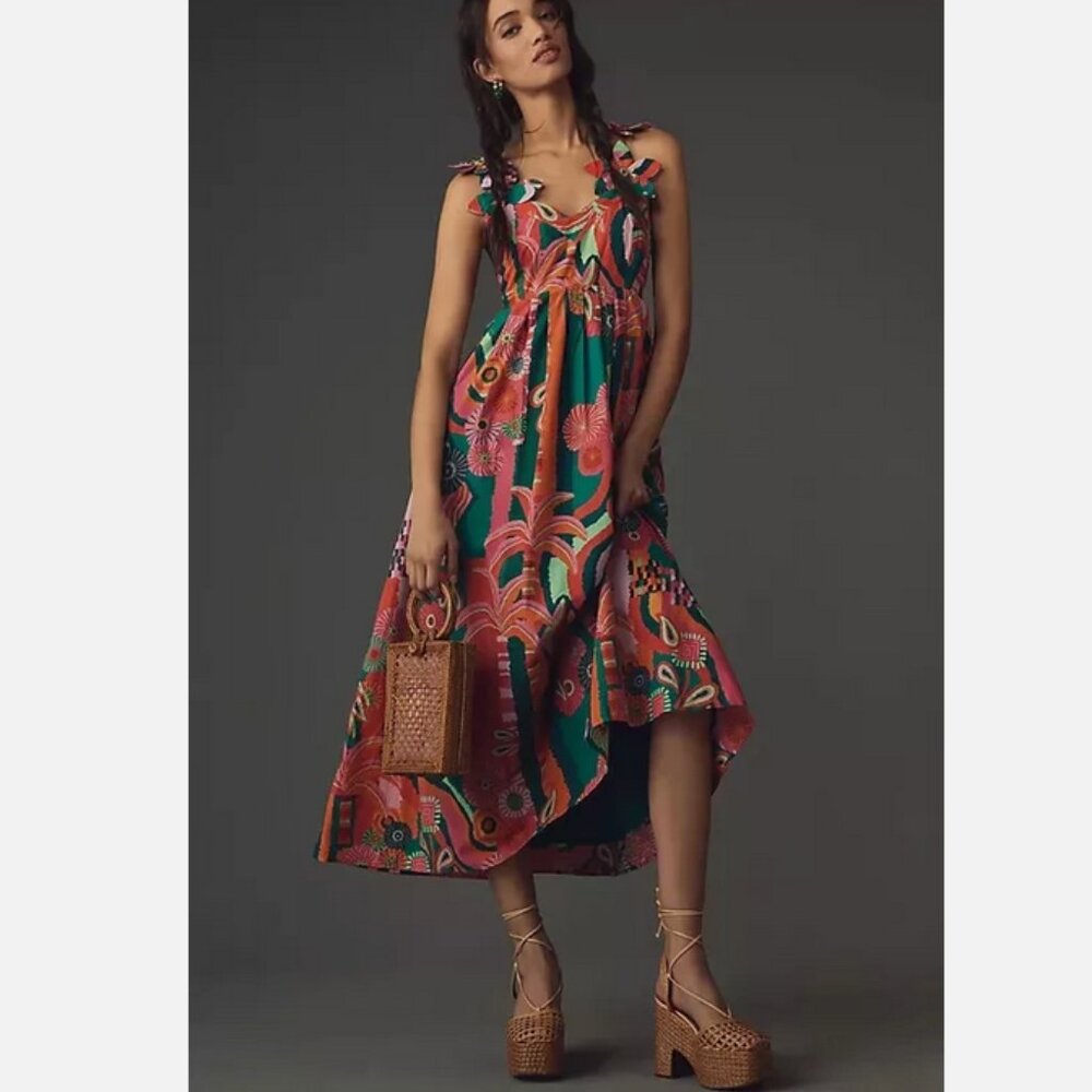 Farm Rio Anthropologie Pleated Palm Midi Dress Size XSP XS Petite NWT - Picture 2 of 6